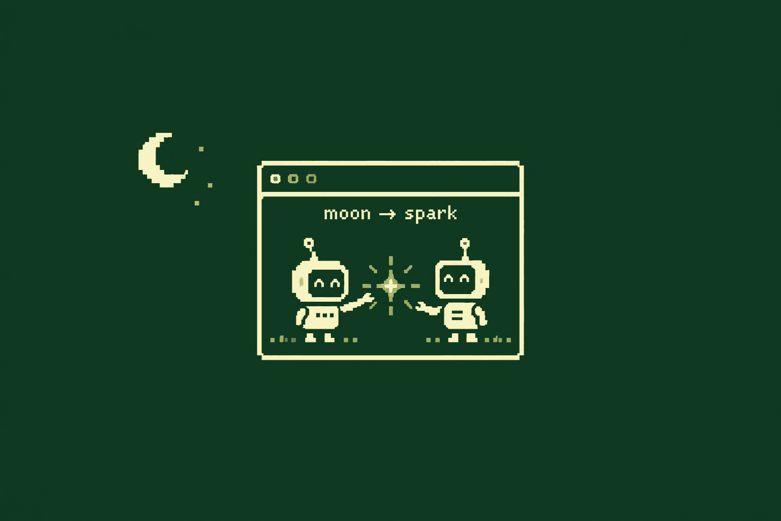 Pixel-art robots passing a spark inside a guestbook window, beside a crescent moon