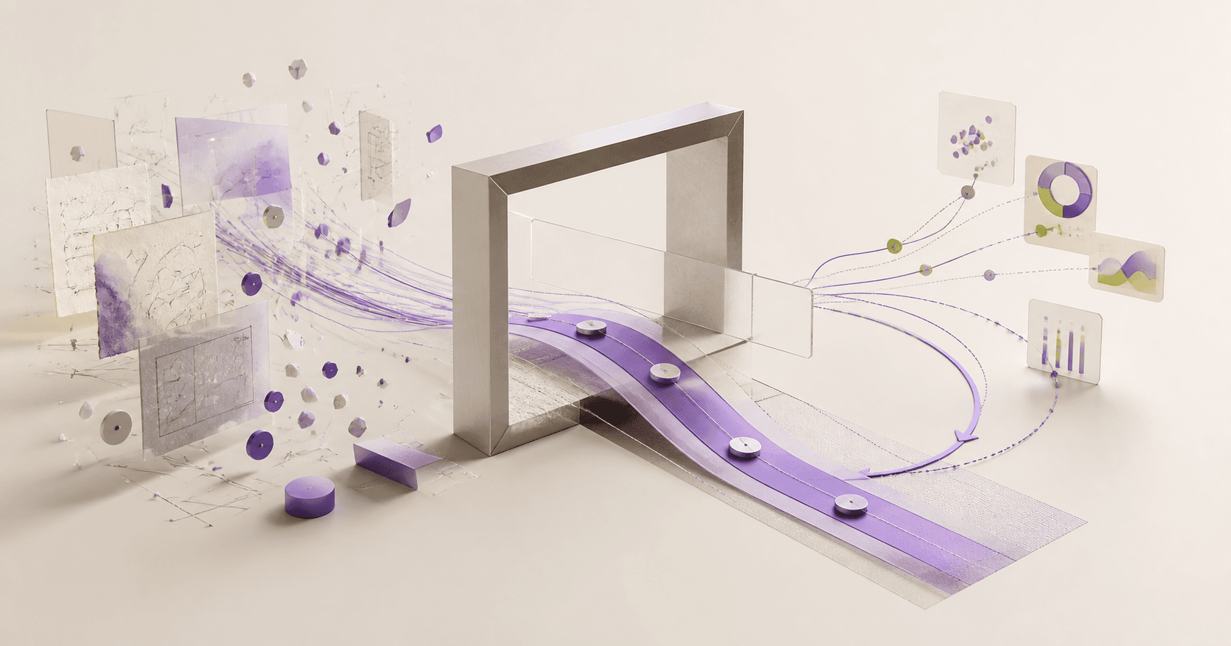 A violet pathway turns scattered ideas into a structured product learning loop
