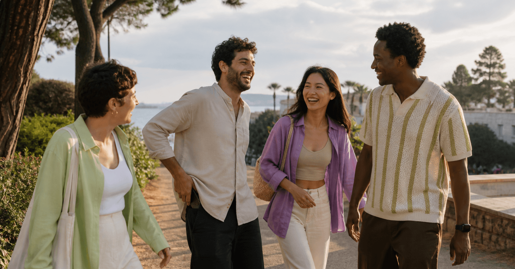 Four friends laughing together during a golden-hour walk beside the sea