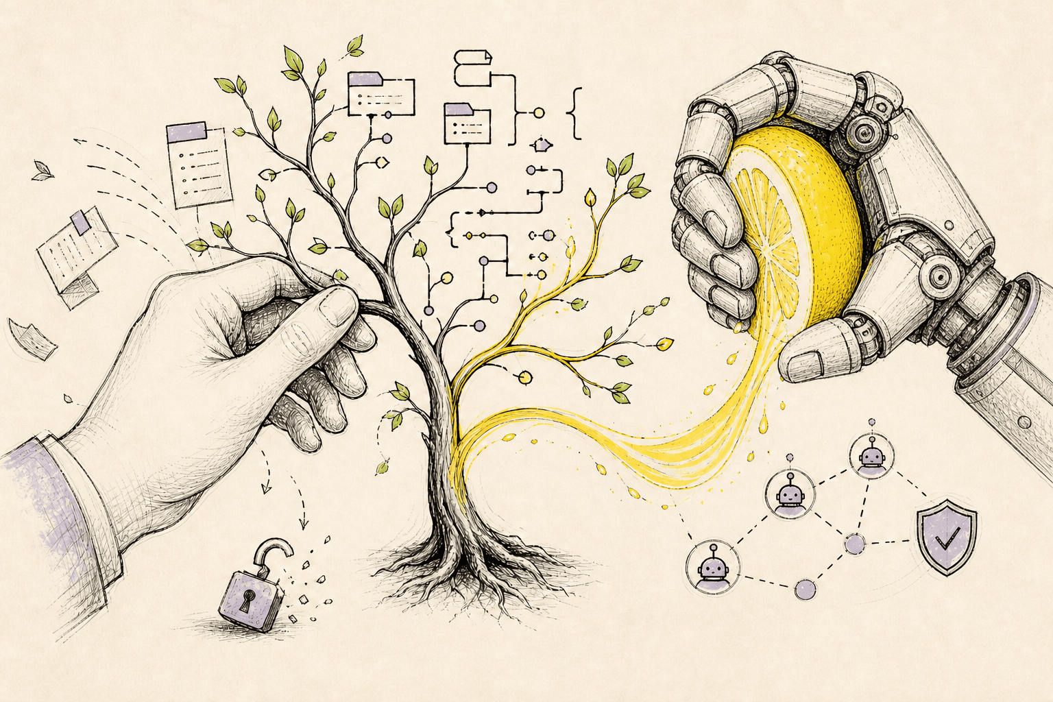 A human hand shakes a tree made of code while a robotic hand squeezes a lemon into its branches